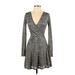 Guess Casual Dress - Mini Plunge Long sleeves: Gray Marled Dresses - Women's Size X-Small