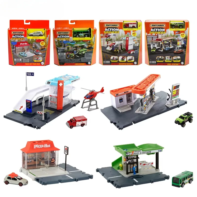 Original Matchbox Action Drivers City Car Diecast 1/64 Bus Station Kraftstoff Pizza Hubschrauber Rettungs Volkswagen Kinder Spielzeug für Jungen Geschenk Image
