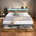 3 Size Bed Frame, Storage Headboard with Charging Station Solid and Stable 2 Drawers, Noise Free