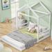 Wood Full Size House Bed with Guardrail, House-Shaped Floor-Bed