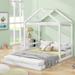 Full Size Wood House Bed with Guardrail, House-Shaped Floor-Bed, Wooden Bedframe with Roof, White