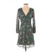 Madewell Casual Dress - A-Line Plunge 3/4 sleeves: Green Print Dresses - Women's Size 0