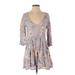 Free People Casual Dress V Neck 3/4 Sleeve: Gray Floral Motif Dresses - Women's Size 2