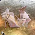 Stivaletti con fibbia in cristallo a rete Beige moda donna tacchi alti scarpe da sposa con ala