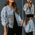 2023 Frühling neue Jeans jacke Frauen lang ärmel ige Jeans jacke weibliche Leoparden nähte weibliche