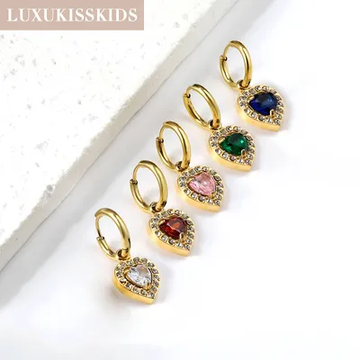 LUXUKISSKIDS Korean Fashion Cubic Heart Drop Earrings Blue Green Stone Drop Pendients Luxury Wedding