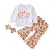 Tosmy Toddler Kids Girls Clothes Set Outfit Letter Print Long Sleeve Tops Hoodies Pumpkin Print Bell Bottom Pants Hairband 3 Piece Set Outfits Kids Outfits