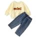 ZHAGHMIN Baby Girl Fall Clothes Outfits Sets Solid Long Sleeve Letters Printed Crewneck Sweatshirt Pullover + Stretchy Waist Jeans Toddler Suits Yellow Size80