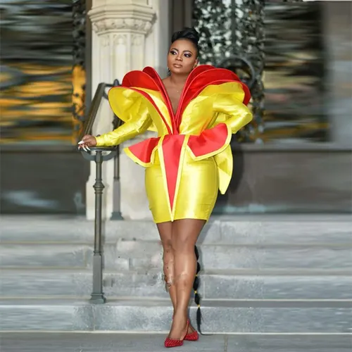 Red And Yellow Short Prom Dresses 3d Off The Shoulder Long Sleeves Evening Gowns Above Knee African Women Sheath Party Dress