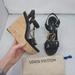 Louis Vuitton Shoes | Louis Vuitton Bom Dia Patent Leather Lv Logo Wedge Sandal | Color: Black/Tan | Size: 7