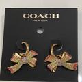 Coach Jewelry | Coach Pave Bow Huggies Earrings Multi Colored Gold Tone | Color: Blue/Pink | Size: Os