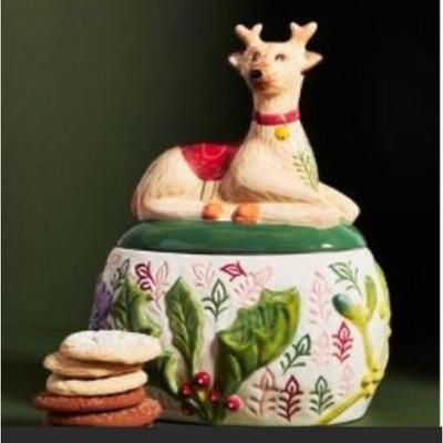 Anthropologie Dining | Anthropologie Nathalie Lete Reindeer Holiday Christmas Cookie Jar New In Box | Color: Cream/Green | Size: Os