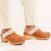 Free People Shoes | Free People Chalet Shearling Trim Studded Suede Wooden Clogs Sz 40 9.5 | Color: Cream/Tan | Size: 9.5