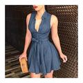 Elegant Chain Letter Print Shirt Dress Summer Women V-neck Bandage Button Dress Vintage Long Sleeve Mini Party Dresses Comfortable (Color : Solid Blue, Size : XXL.)