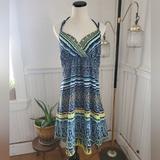 Athleta Dresses | Athleta Ikat Print Spaghetti-Strap Halter Sundress Large Euc | Color: Blue/Yellow | Size: L