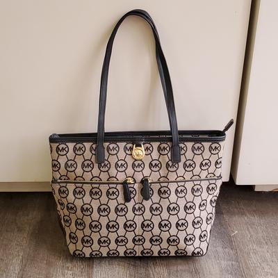 Michael Kors Bags | Ladies Michael Kors Black Mk Cloth & Leather Handbag Purse | Color: Black/Gold | Size: Os