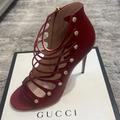 Gucci Shoes | Gucci Mother Of Pearl Gg Buttons Side Zip Closure In Hibiscus Red | Color: Red | Size: 41