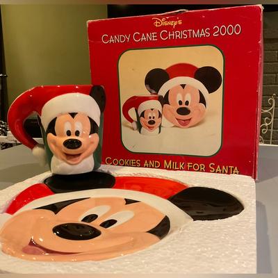 Disney Dining | Disney’s 2000 Candy Cane Christmas Cookies And Milk For Santa Plate And Mug Set | Color: Red/White | Size: Os