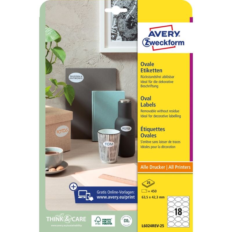 AVERY Zweckform Stick+Lift Etiketten, 63,5 x 42,3 mm, oval Image