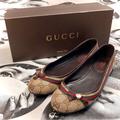 Gucci Shoes | Gucci Gg Brown Fabric Ballerina Flats W/ Ribbon & Metal Logo Accent, Sz 38 | Color: Brown/Tan | Size: 38