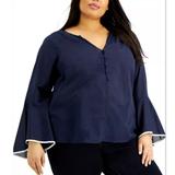 Michael Kors Tops | Michael Kors Women's Navy Bell Sleeve V Neck Top Petites Pl, Nwot | Color: Blue/White | Size: Lp