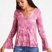 American Eagle Outfitters Tops | American Eagle S Women's Pink Purple Tie Dye Cutout Bell Sleeve Tee Knit Top | Color: Pink/Purple | Size: S