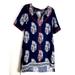 Anthropologie Dresses | Anthropologie Ranna Gill Split Neck Taquile Shift Dress Short Sleeve Navy Red Xs | Color: Blue/White | Size: Xs