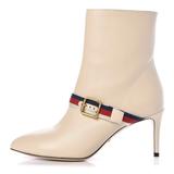 Gucci Shoes | Gucci Nappa Leather Sylvie Web Strap 475654 Kitten Heel Ankle Bootie Eu 39.5 | Color: White | Size: 9.5