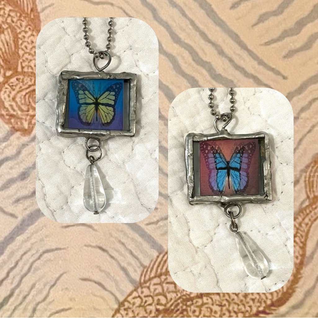 Anthropologie Jewelry | Handmade Vintage Silver Embossed Metallic Butterflies Necklace Pendant Beaded | Color: Green/Purple | Size: Os