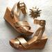 Tory Burch Shoes | * Tory Burch * Gold Ankle Strap Wedge Wood Sandals | Color: Gold/Orange | Size: 6.5