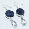 Anthropologie Jewelry | Black Quartz Druzy, White Topaz Gemstone Silver Boho, Hippie Earring 2.3" | Color: Black/Silver | Size: Os