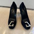 Gucci Shoes | Gucci Black Suede Square Toe Metal Trim Pumps Size 36.5 | Color: Black | Size: 6