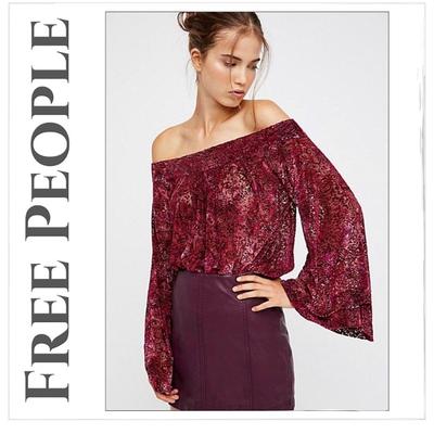 Free People Tops | Free People Ginger Berry Off Shoulder Velvet Burn Out Bell Sleeve Top Size Xs | Color: Pink/Red | Size: Xs