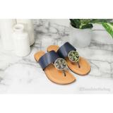 Tory Burch Shoes | New Tory Burch Benton Band Navy Leather Flat Sandal Thong Slip On Shoes Size 6.5 | Color: Blue/Gold | Size: 6.5