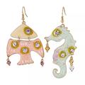 Anthropologie Jewelry | Asymmetrical Gold Plated Pastel Enamel Ocean Crystal Seahorse Fish Drop | Color: Green/Pink | Size: Os