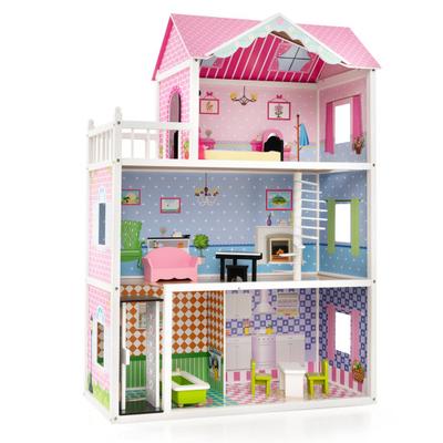 Costway Wooden Dollhouse with Working Elevator and Rotatable Staircase-Pink