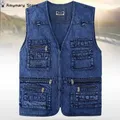 Men's Denim Vest Jacket Deep Blue Sleeveless Outerwear Waistcoat Multi-pocket Trucker Biker Jeans