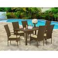 HomeStock Gothic Glamour 7Pc Outdoor-Furniture Brown Wicker Dining Set Includes A Patio Table And 6 Balcony Backyard Armchair With Linen Fabric Cushion