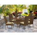 HomeStock Urban Upmarket 7Pc Outdoor-Furniture Brown Wicker Dining Set Includes A Patio Table And 6 Balcony Backyard Armchair With Linen Fabric Cushion