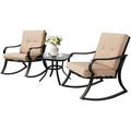 xrboomlife Outdoor 3-Piece Rocking Chairs Patio Bistro Set Black Steel with Thickened Cushion and Glass-Top Coffee Table Grey