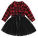 Kids Baby Girls Mini Dress Toddler Tutu Tulle Tea Party Dress Winter Flannel Plaid Long Sleeve Dress