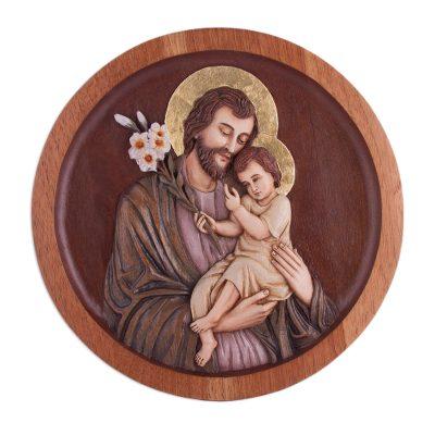 St. Joseph with the Baby Jesus,'Cedar Wood Relief Panel of St. Joseph with Baby Jesus'