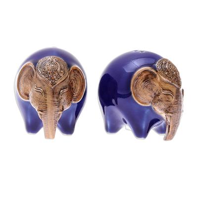 Round Elephants in Blue,'Ceramic Elephant Salt and Pepper Shakers in Blue (Pair)'