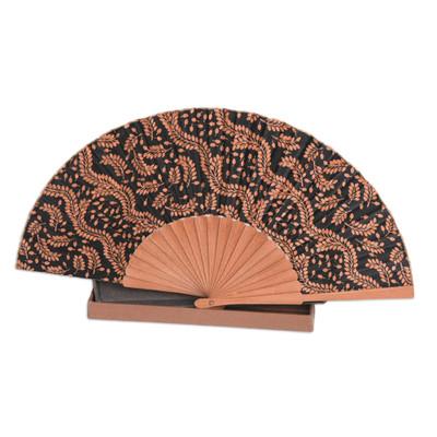 Silk batik fan, 'Tamarind Leaves'