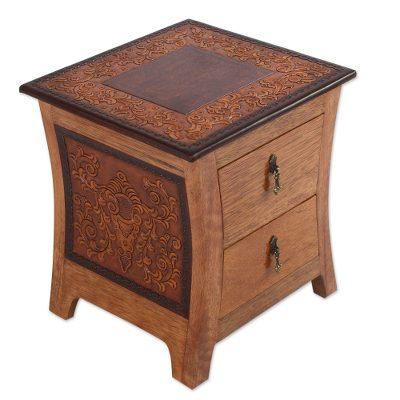 Colonial Floral Night,'Tornillo wood and leather nightstand,Colonial Floral Night'