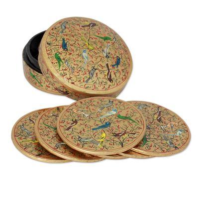 Papier mache coasters, 'Golden Srinagar Birds' (se...