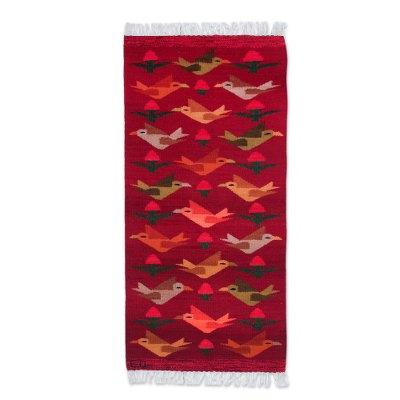 Red Birds on the Wing,'Peruvian Handwoven Red Wool Rug with Birds (2x5)'