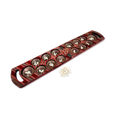 Red Clever Leisure,'Red Batik Wood Mancala Board Game Handcrafted in Java'