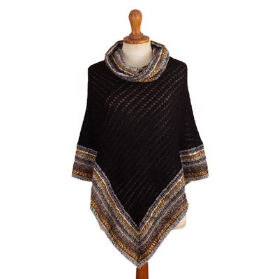 'Black Knit & Hand-Woven Baby Alpaca Blend Poncho from Peru'