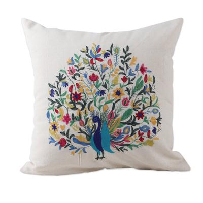 Divine Peacock in Beige,'Rayon Embroidered Peacock Beige Cotton Cushion Covers (Pair)'